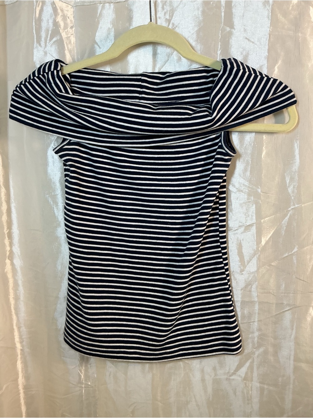 LOFT Navy and White Striped Off-Shoulder Top